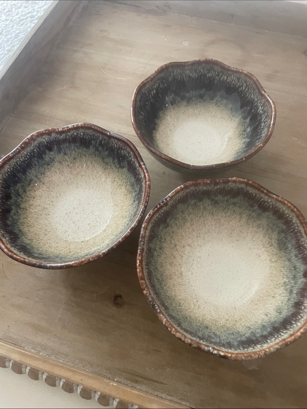 Ceramic Japanese  Ririku cereal Glazed 3 Bowls - blue Brown and Cream
